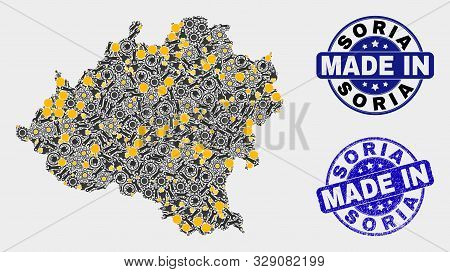 Mosaic Technical Soria Province Map And Blue Made In Textured Seal. Vector Geographic Abstraction Mo
