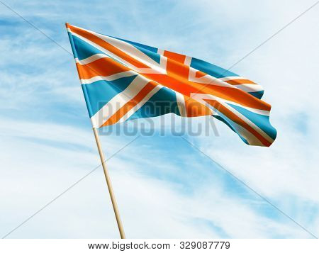 Waving UK flag on sky background 3D illustration