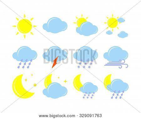 Weather Icon Set. Vector Illustration. Sun, Cloud, Rain, Snow, Storm, Wind, Night, Moon, Stas, Light