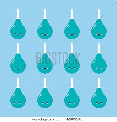 Cute Cartoon Enema Emotion. Medical Instruments . Blue Enema With A Plastic Tip. Vector Illustration