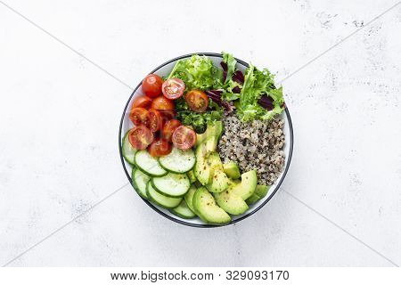 Healthy Food. Budha Bowl With Quinoa, Avocado, Cucumber, Salad, Tomatoe, Olive Oil Clean Eating Diet