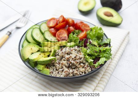 Healthy Food. Budha Bowl With Quinoa, Avocado, Cucumber, Salad, Tomatoe, Olive Oil Clean Eating Diet