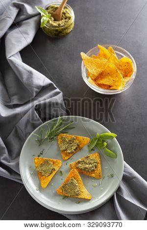 Nachos Chips Or Corn Mexican Chips With Pesto Pasta Healthy Food Snack Isolated Closeup