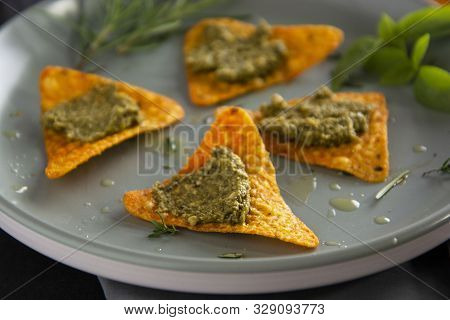 Nachos Chips Or Corn Mexican Chips With Guacamole, Pesto Pasta Healthy Food Snack Isolated Closeup