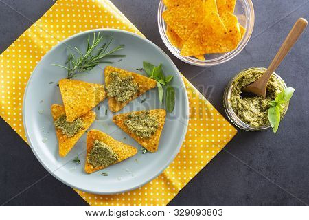 Nachos Chips Or Corn Mexican Chips With Pesto Pasta Healthy Food Snack Isolated Closeup
