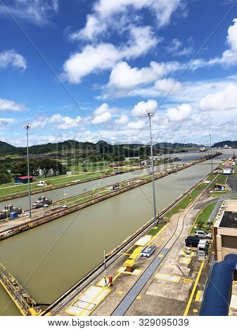 Panama, Central America. September 01, 2019 - View On Miraflores Locks In Panama Grand Canal, Shippi