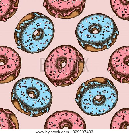 Seamless Pattern With Hand Drawn Colored Donut Stock Illustration
