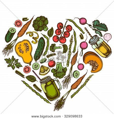 Heart Floral Design With Colored Lemons, Broccoli, Radish, Green Beans, Cherry Tomatoes, Beet, Green
