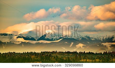 Styrian Alps Covered With Snow Landscape. View At Mountain Chain Near Graz City.