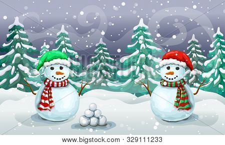 Christmas Snowy Scene With Couple Of Snowmen In Santa Hats. Christmas Card Template Or Holiday Banne