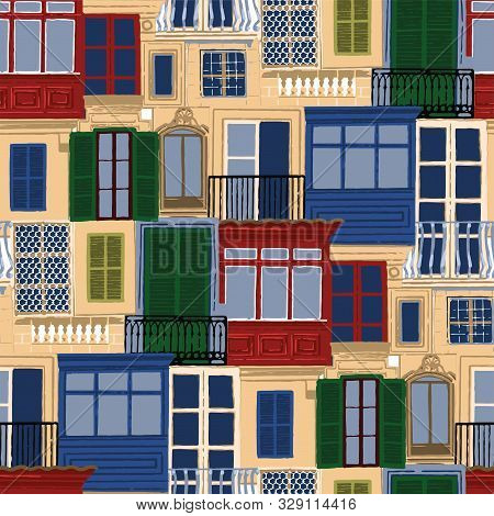 Seamless Pattern Of Antient Maltese Balconies With Various Decorations And Colors.
