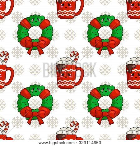 Christmas Seamless Pattern With Cup Of Hot Winter Beverage Or Drink And Marshmallows And Floral Firr