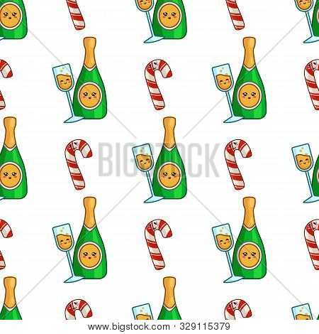 Christmas Seamless Pattern With Champagne, Celebratory Drink - Bottle Sparkling Wine, Endless Textur