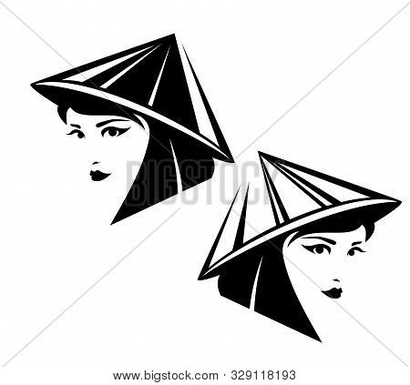 Beautiful Thai Woman Wearing Traditional Cone Straw Hat - Asian Girl Black And White Simple Vector P