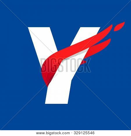 Y Letter Logo With Fast Speed Red Bird Wing. Typeface, Vector Design Template Elements For Sport Tea