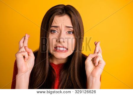 Photo Of Trembling Fearful Frightful Youngster With Teeth Shown In Fear Fingers Crossed Horrified Fa