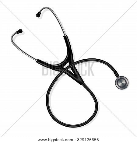Stethoscope Phonendoscope In Black. Realistic Illustration Isolated On White Background. Vector.
