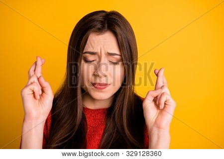 Close Up Photo Of Terrified Frightened Youngster With Fingers Crossed Hoping For Luck With Desparate
