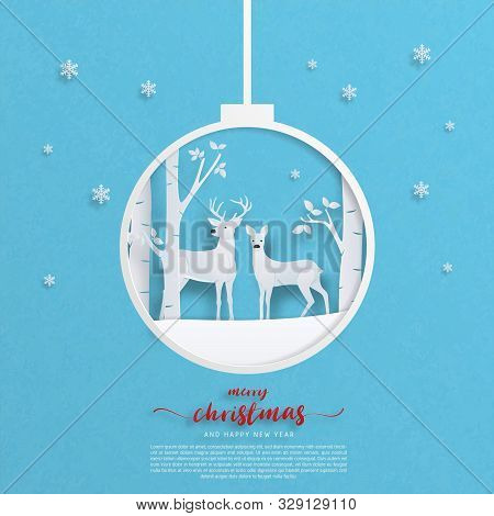 Digital Craft Made Deer Couple On Snowfield With Tree Forest And Falling Snowflakes In Paper Cut Sty