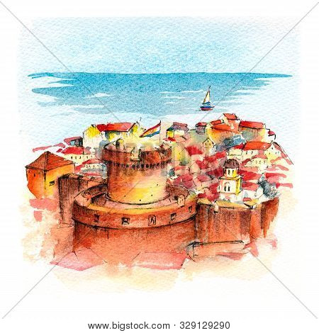 Watercolor Sketch Of Walls And Old Town Of Dubrovnik With Sight On Minceta Tower At Sunset, Croatia