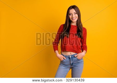 Photo Of Attractive Cute Charming Nice Youngster Millennial Wearing Jeans Denim Smiling Toothily Iso