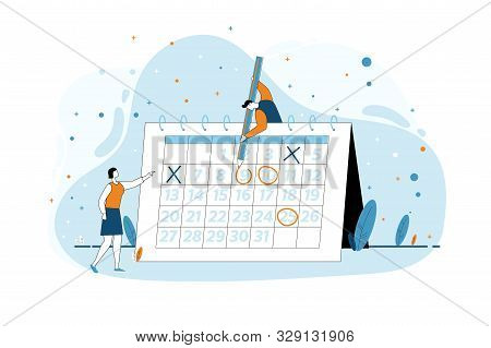 Little Man And Woman Checking Date In Month Calendar. Business Planning Timetable Concept Vector Ill