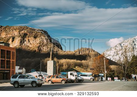 Stepantsminda, Georgia - November 11, 2018: Cars Parked On Main Square In Kazbegi