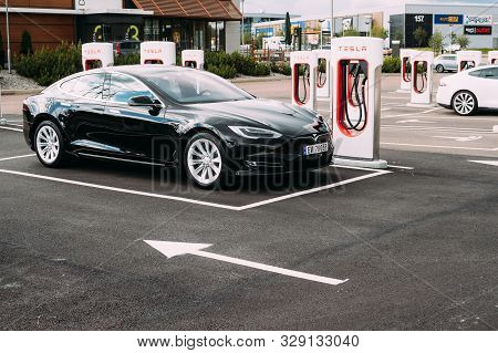 Tocksfors, Sweden- June 26, 2019: Black Color Tesla Model S 100d Car Parked At Charging Station. The