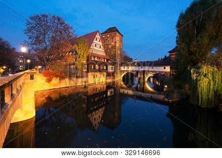 Weinstadel Wasserturm In Old Town Of Nuremberg At Blue Night, Germany