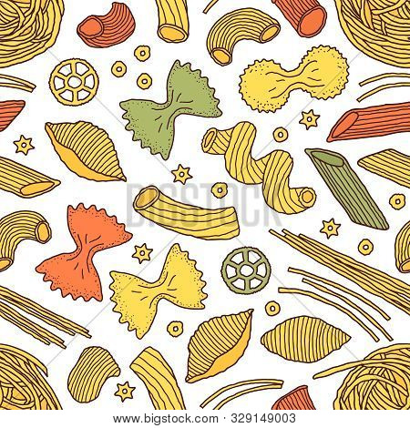Seamless Pattern With Pasta On White Background. Spaghetti In Doodle Style.food Texture