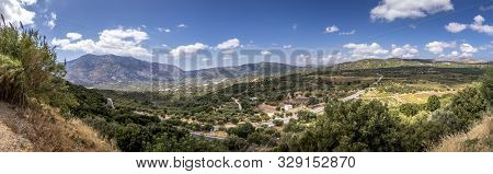 Panorama Of Mountains On The Island Of Crete On A Clear Sunny Day.