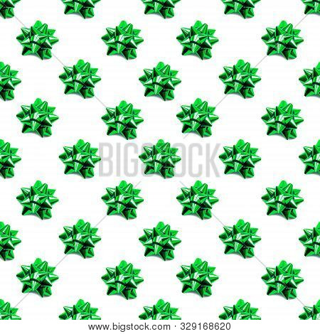 Seamless Pattern With Sparkling Green Bow. Holidaybackground With Decorative Bows.