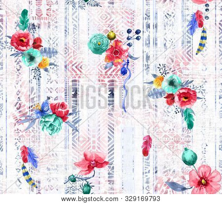 Seamless Flowers Design With Feathers And Ethnic Background For Textile Prints.
