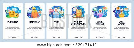 Mobile App Onboarding Screens. Autumn Season, Raincoat, Fall Wind, Halloween Pumpkins, Wool Clothes,
