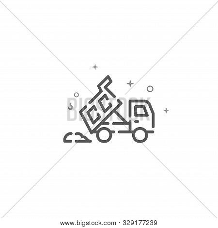 Dump Truck Dumps Pile Of Sand Simple Vector Line Icon. A Tipper Dumps A Load Symbol, Pictogram, Sign