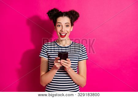 Photo Of Trendy Cheerful Cute Nice Girlfriend Excited About Feednews New Information Holding Phone W