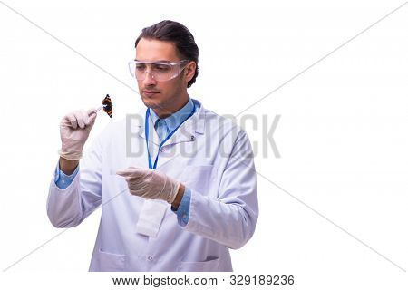 Young student zoologist with butterfly isolated on white