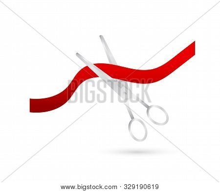 Vector Silver Scissors Cutting Red Ribbon. Vector Stock Illustration.
