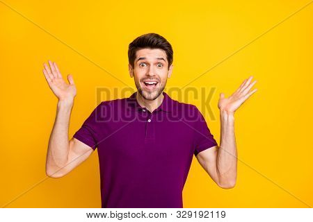 Photo Of White Cheerful Brown Haired Positive Cute Nice Attractive Man Expressing Astonishment On Fa