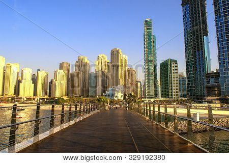 Dubai/uae - October 17, 2019: Panoramic View On Jbr From Bluewaters Pedestrian Bridge. Jumeirah Beac