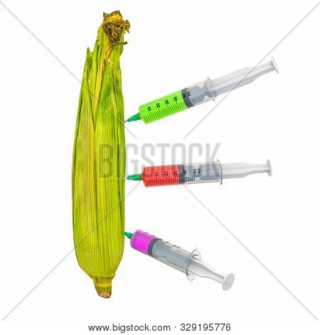 Maize, Sweet Corn With A Syringes Full Of Chemicals. Genetic Food Modification, Concept. 3d Renderin
