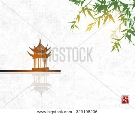 Pagoda Temlple Over The Water Surface And Green Bamboo Tree On Rice Paper Backgrund. Traditional Jap