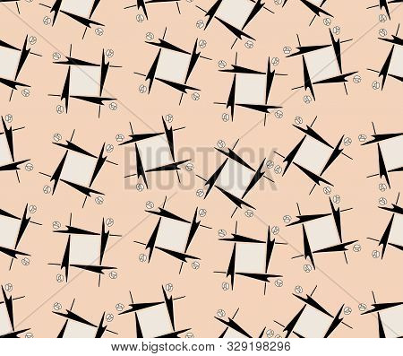 Seamless Pattern With Black And White Shape On Peach Colored Background.