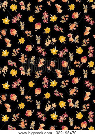 Seamless Floraled Pattern With Yellow Color On Black Background For Textile Or Fabric Prints..