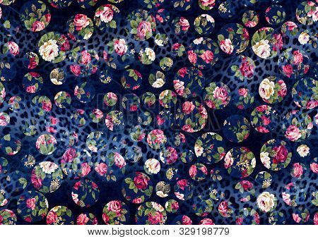 Seamless Flowers Textile Design On Dark Blue Background For Prints.