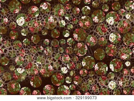 Seamless Flowers Textile Design On Dark Brown Background For Prints.