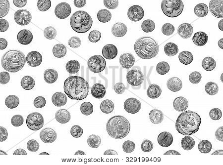 Seamless Ancient Coins Pattern With Black Background For Textile Print.
