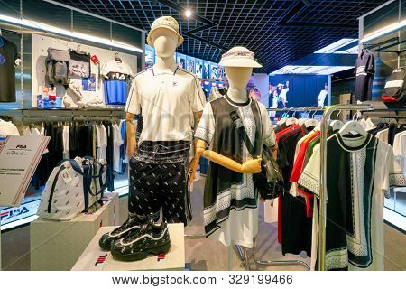 SHENZHEN, CHINA - CIRCA APRIL, 2019: interior shot of Fila store at a shopping mall in Shenzhen. Fila is an Italian sporting goods brand and company.