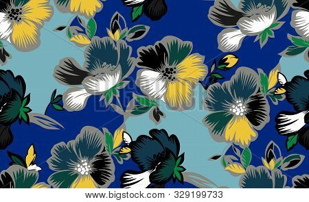 Seamless Design With Multicolor Flowers On Blue Background.