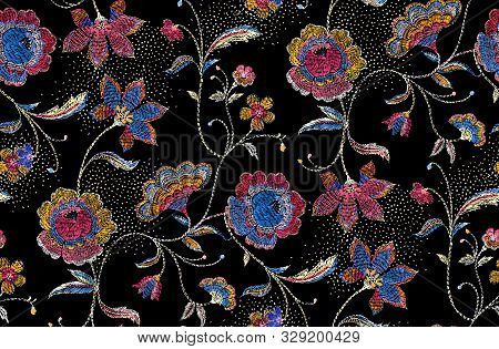 Seamless Flowers Pattern With Black Background.. For Textile, Wallpaper, Pattern Fills, Covers, Surf